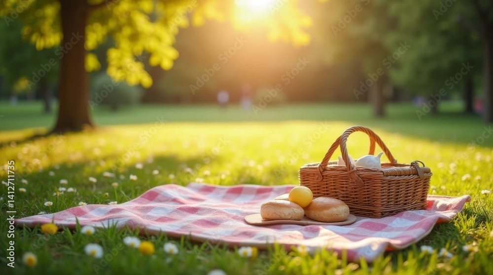autumn leaves in the grass, a picnic blanket spread out on the grass in the park, picnic basket autumn leaves in the grass, a picnic blanket spread out on the grass in the park, picnic basket