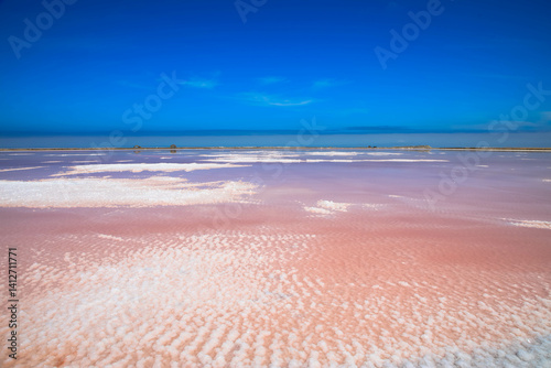 Sea salt production. Pink lake for water evaporation in Walvis Bay. The concept of a salt production and processing plant.
Impressive natural wonder by the presence of algae in the water. Namibia.
