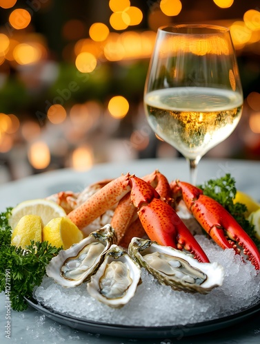 Obraz na płótnie Luxury Seafood Platter with Fresh Oysters, Lobster, and Lemon Wedges w salonie