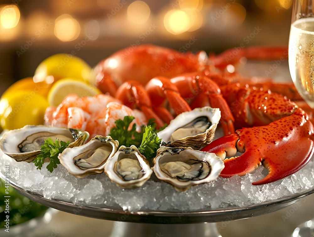 Luxury Seafood Platter with Fresh Oysters, Lobster, and Lemon Wedges