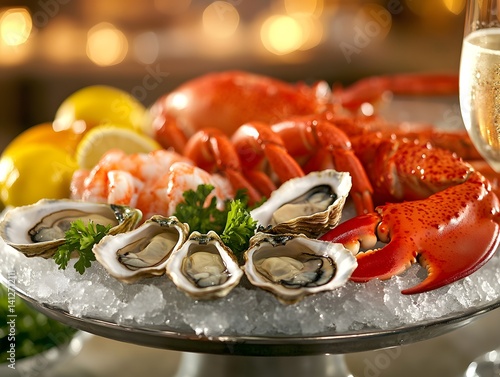 Obraz na płótnie Luxury Seafood Platter with Fresh Oysters, Lobster, and Lemon Wedges w salonie