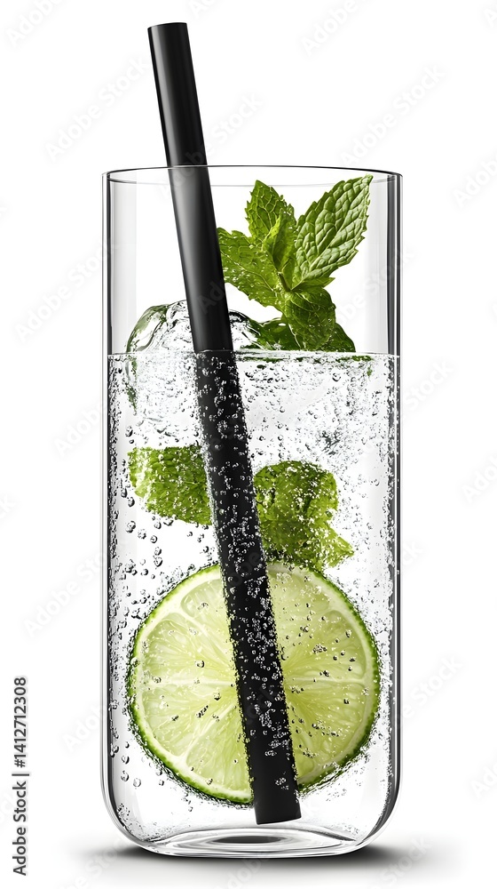 Mojito Cocktail in a Highball Glass with Mint and Lime on White Background
