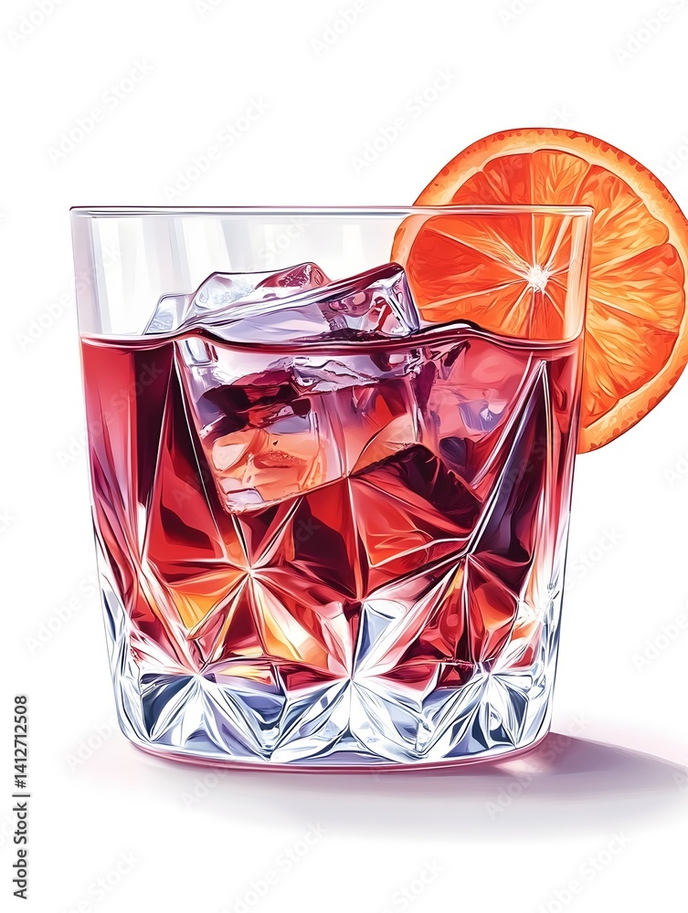 Negroni Cocktail in a Crystal Glass with Orange Garnish on White Background