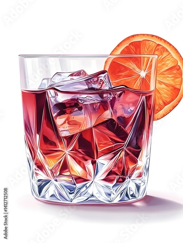 Negroni Cocktail in a Crystal Glass with Orange Garnish on White Background