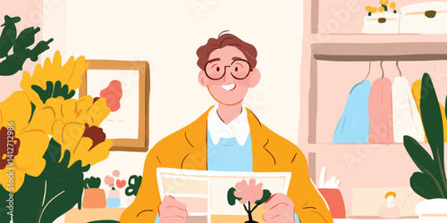 A happy man reads a newspaper in his cozy room, surrounded by sunflowers and plants, creating a serene atmosphere.