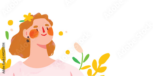 A vibrant illustration captures a cheerful woman with a flower in her hair, her face flushed with joy, set against an backdrop of blossoming flora.