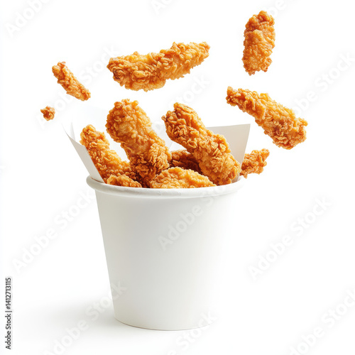 Crispy fried chicken tenders falling into a white paper cup against a white background