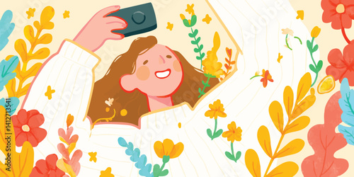 A joyful woman with long brown hair smiles brightly as she captures a moment in a vibrant garden, surrounded by a plethora of cheerful flowers.