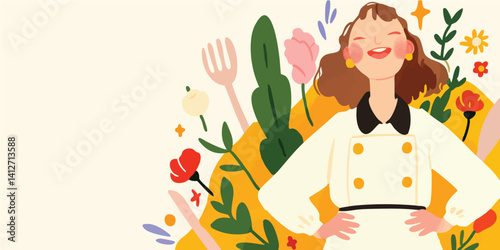 An illustrated chef proudly stands amidst a backdrop of vibrant flowers and culinary elements, her posture exudes confidence and joy, a symbol of her passion and dedication in the culinary world.