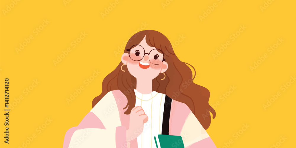 An illustrated girl wearing glasses and earrings against a yellow background. The illustration shows a stylish, fashionable woman. An illustrated girl wearing glasses and earrings against a yellow background. The illustration shows a stylish, fashionable woman.