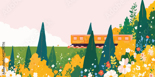 A charming train journeys through a vibrant floral landscape, the engine and carriages a vivid contrast against the blossoming scenery.