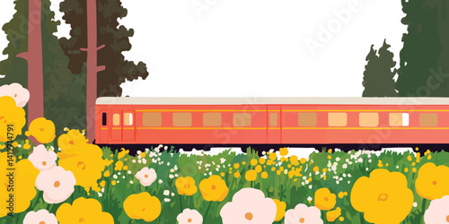 A charming red train passes through a beautiful floral meadow, creating a sense of whimsical travel and natural beauty.