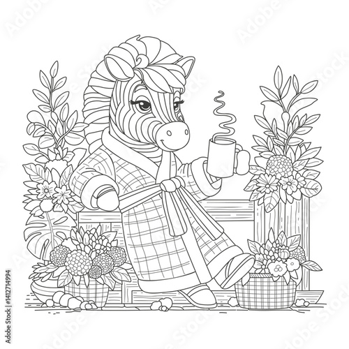 Cute zebra in a dressing gown drinks morning coffee leaning on a fence decorated with flowers. Coloring page. Illustration for coloring.
