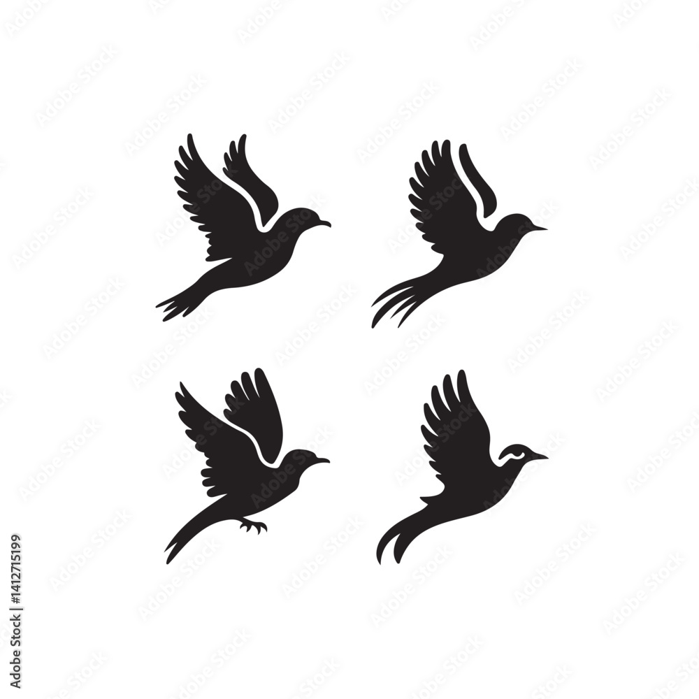 Obraz premium Set of Four Black Flying Bird Silhouettes on White Background