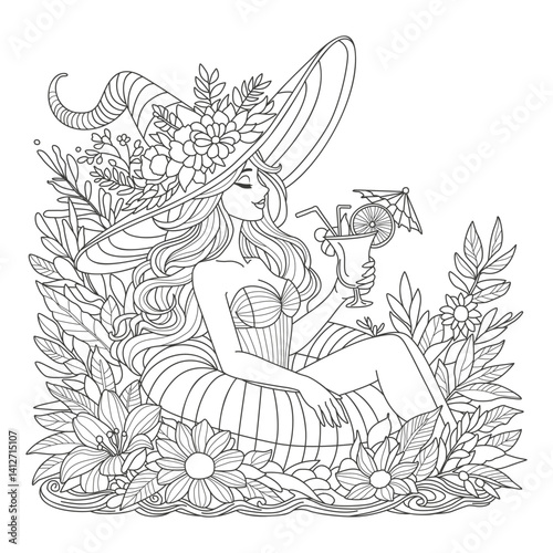 Cute witch on vacation relaxing on the beach among flowers with a glass in her hand. Coloring page. Illustration for coloring.