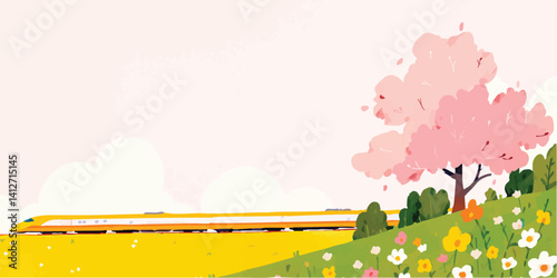 A vibrant illustration captures a high-speed train racing through a serene landscape, spring blossom gently blooming in the background.