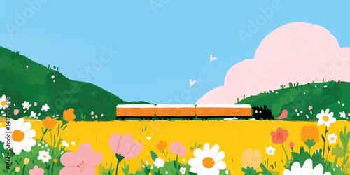 A whimsical train journey through a vibrant floral landscape, capturing the charm of springtime and the allure of travel.
