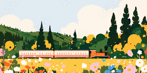 A picturesque steam train leisurely traverses a whimsical meadow dotted with vibrant flowers, under a serene sky.  A nostalgic travel.