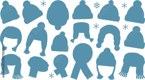 Illustrated vector set of winter hats and scarves – cozy cold weather accessories, knitted beanies, woolen wraps, seasonal fashion