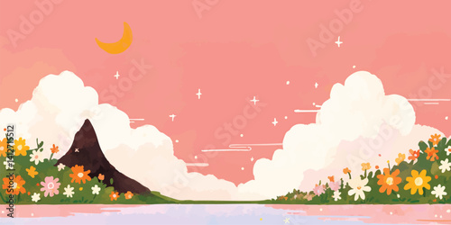 An idyllic landscape with a gentle pink sky, and a crescent moon, where the serene lake meet blooming flowers in a tranquil atmosphere.