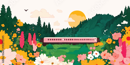 A whimsical illustration depicting a charming train journey amidst a vibrant floral landscape bathed in warm sunlight. It captures the essence of travel, exploration, and the beauty of nature.