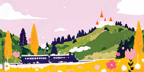 An enchanting journey through a picturesque landscape, with a vintage train chugging along a track. In the distance, a castle graces a verdant hill, enveloped by blossoming flora.