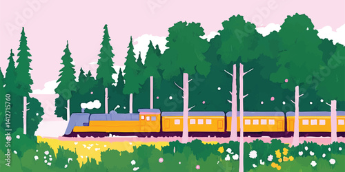 An enchanting illustration that presents a whimsical steam train journey, meandering through a verdant forest.