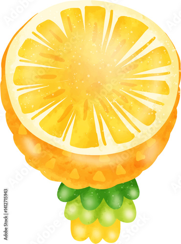 watercolor fruits in summer elements, pineapple, apple, watermelon, cherry, durian, orange, lemon, raspberry.