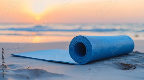 Yoga mat on a sandy beach at sunrise, embodying wellness and tranquility