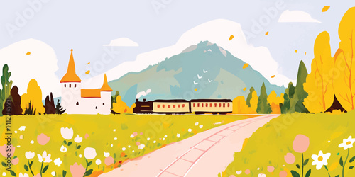 An inviting illustration of a vintage train journeying through a captivating autumn landscape, passing by a charming church and a majestic mountain.