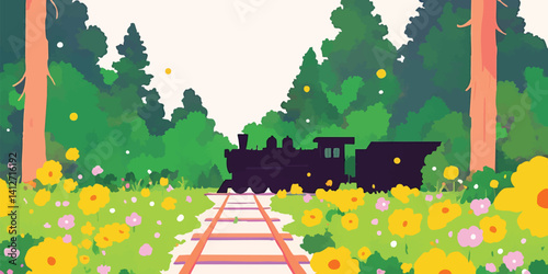 A vintage steam train emerges from a field of wildflowers, a whimsical illustration that evokes a sense of nostalgia and adventure.  