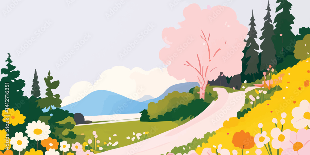 A captivating illustration of a scenic drive with blooming flowers on the side of road, a vibrant color palette of nature.