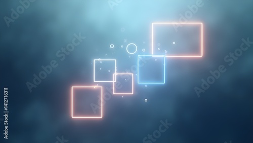 Simple floating neon square and circular frames in a foggy digital environment, glowing edges, layered perspective