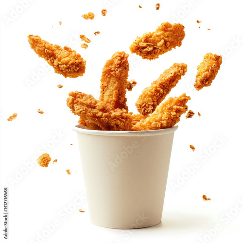 A cup overflowing with crispy fried chicken tenders against a white background view