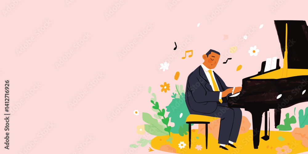 A musician playing piano in a garden, a colorful and artistic depiction of music.