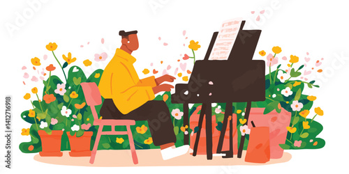 A talented pianist engrossed in a musical serenade, surrounded by a blooming garden, showcasing the serene beauty of musical performance intertwined with nature's elegance.