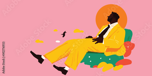 A stylishly dressed person lounges leisurely outdoors, basking in the warmth of the sun while finding peace.
