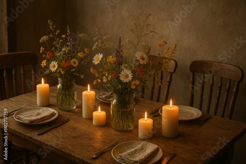 Cozy Dining Table Decorated With Candles and Seasonal Flowers in Warm Lightin...