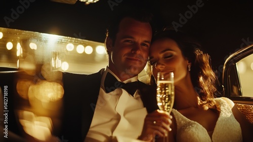 Romantic Couple Celebrating with Champagne in Car