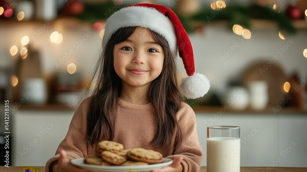 Christmas eve joyful child in santa hat holding cookies and milk in festive kitchen Christmas eve joyful child in santa hat holding cookies and milk in festive kitchen