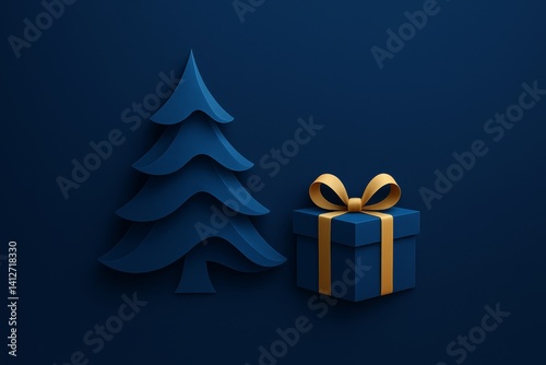 3D Christmas Tree and Gift Box Design in Blue and Gold Color Scheme for Winte...