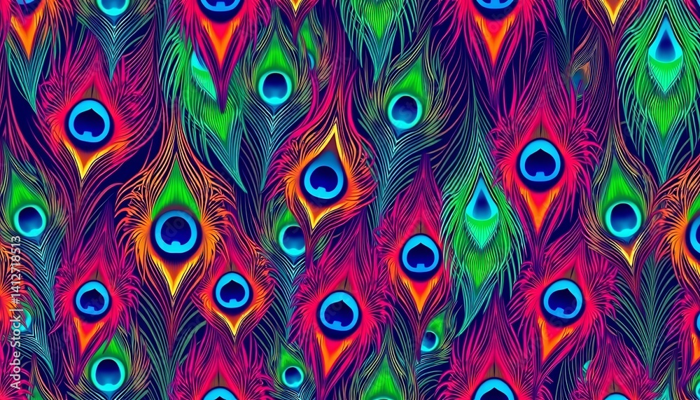 Fototapeta premium Horizontal seamless pattern of vibrant peacock feathers in vector format, ideal for backgrounds, animal, bright