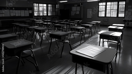 Wallpaper Mural Empty Modern Classroom In the School Interior, Back to School Concept Book, Chair, table 3D Render. Torontodigital.ca