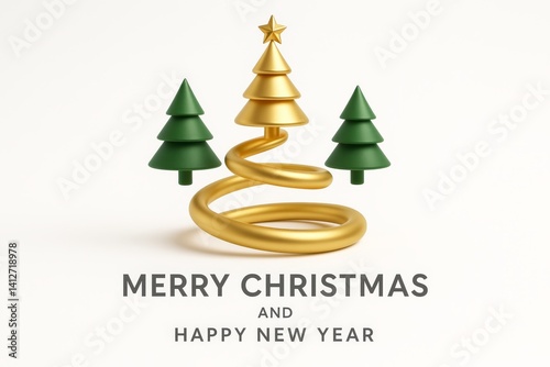 Christmas Tree Design With Spiral Gold Decoration and Green Trees for Festive...