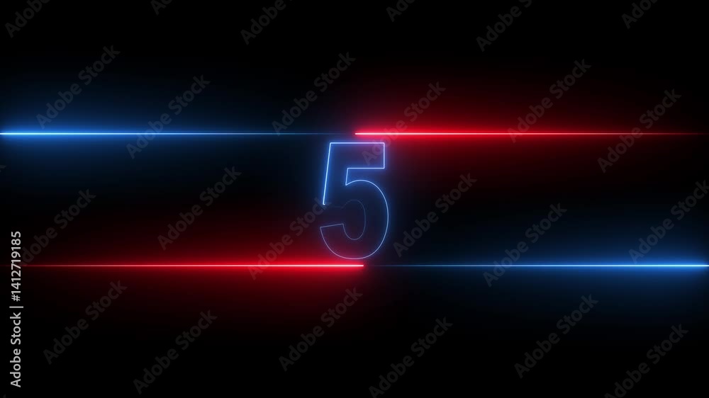 numbers from 0 to 10 countdown in blue circle on neon line and black background. Neon bright glowing countdown timer from 10 to 0.