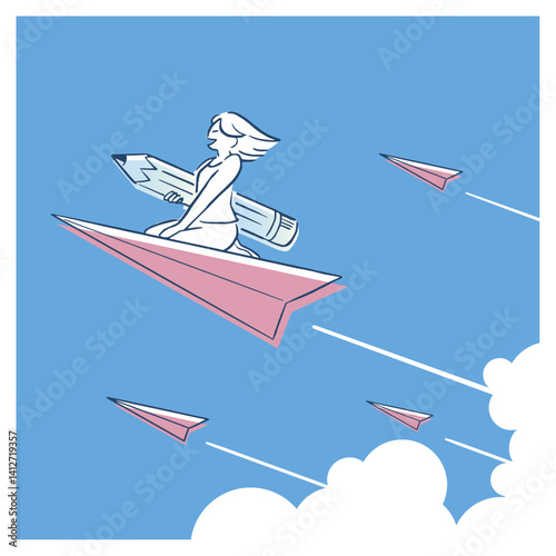 Girl with a pencil on paper airplane fly up to the blue sky. Concept of creative idea