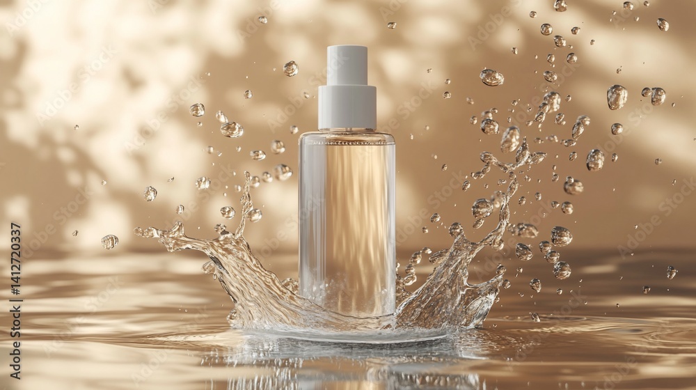 Fototapeta premium Elegant Cosmetic Spray Bottle in Water Splash