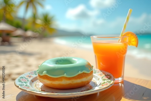 A donut with mint-green and orange glaze on a vintage dish, paired with fresh fruit juice, in a tropical beach setting