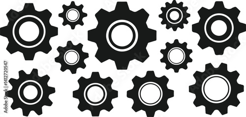 Silhouette of vector gear icons mechanical cogwheel symbols, engineering tools, industrial parts, machine element designs
