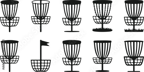 Silhouette vector illustrations of disc golf baskets chain target icons, outdoor sports equipment, frisbee golf course graphic elements